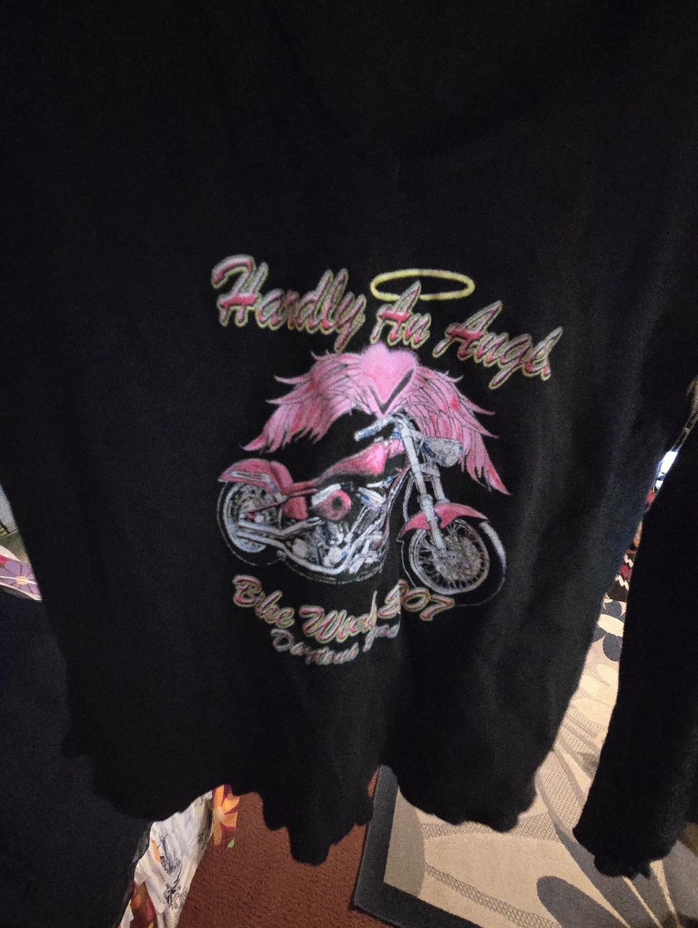 Black Graphic Tee with Pink Motorcycle Angel Wings